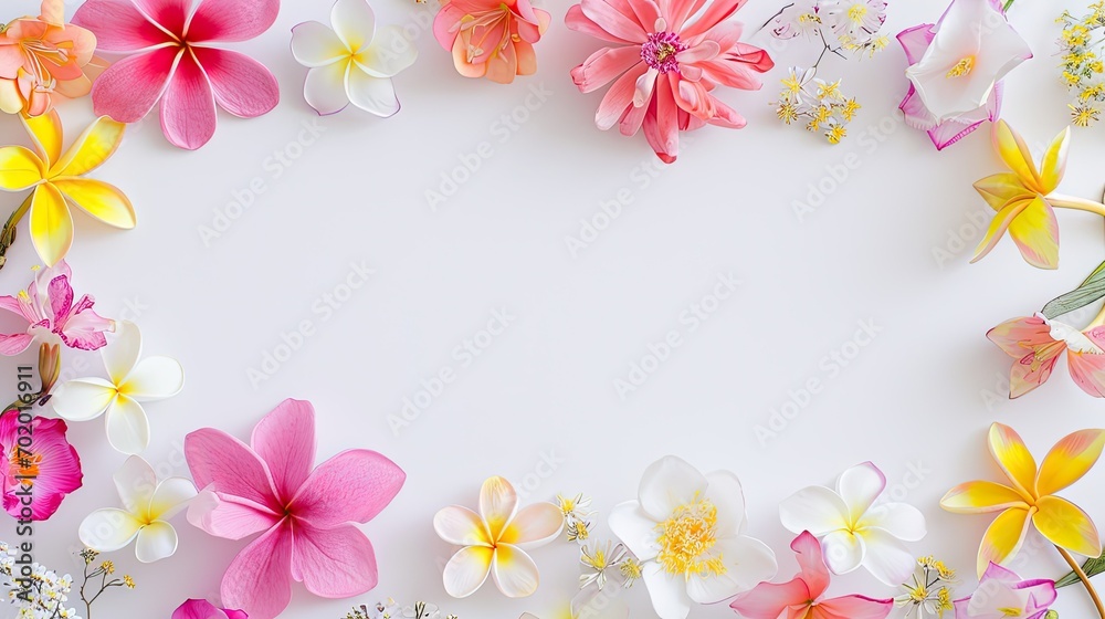 spring flower in different styles on top and bottom, white space with spring flower border 