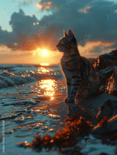 Kätzchen an einem wundervollen Strand bei Sonnenuntergang, Goldene Stunde am Meer, Junge Katze