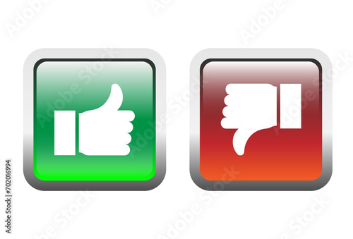 Thumbs up and down on green and red on square buttons. Web buttons. UI button concept. 
