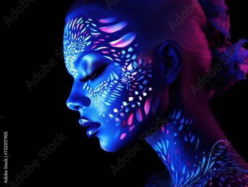 Glow-in-the-dark makeup, creating a surreal and magical effect under UV light, celebrating the artistry and creativity of drag culture, detailed female face, neon