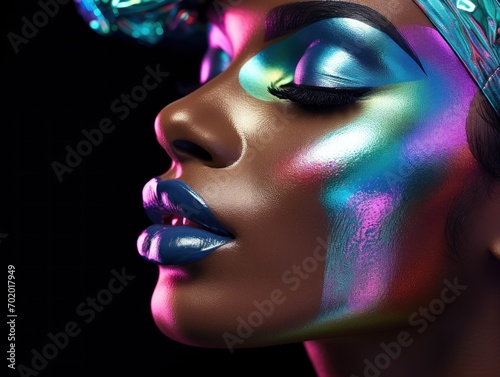 Holographic makeup  futuristic and hologram-like visual experience  celebrating the artistry and creativity of drag culture  detailed female face
