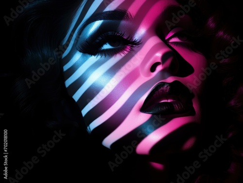 Dramatic lighting to cast intriguing shadows on the drag queen s or Woman s face  mysterious and alluring atmosphere  artistry and creativity of drag culture  neon colors  Detailed Face