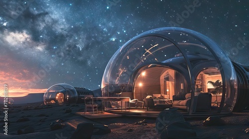 Imagining the first night under the stars in a dome house on Mars, inhabited by pioneers. A vision of cosmic beauty and human endeavor on the Red Planet. Generative AI photo