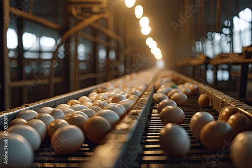 Chicken eggs move along a conveyor photo