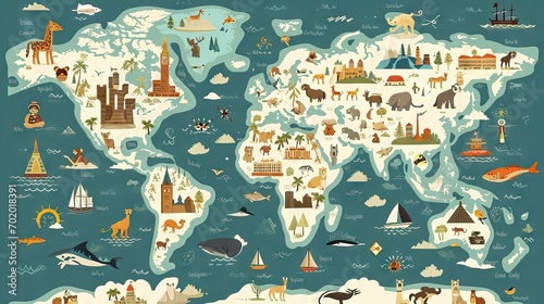 Fototapeta Naklejka Na Ścianę i Meble -  A child-friendly world map, vibrant and educational, designed to inspire young minds about global geography. A colorful and engaging learning tool. Generative AI