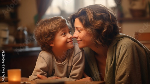 A candid portrayal of a smiling mother and son in their home, surrounded by personal mementos and warmth