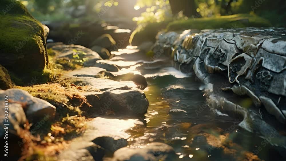 Closeup of the intricate patterns and textures of ancient rocks lining the edges of a Japanese garden stream.