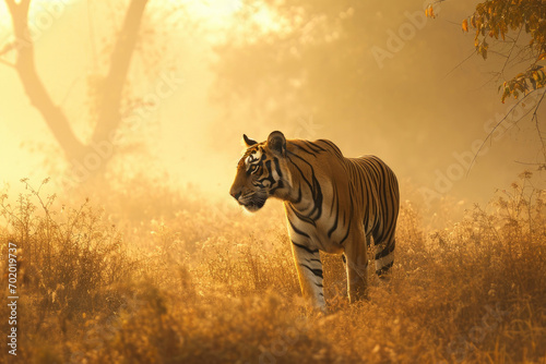 A tiger in the misty morning light