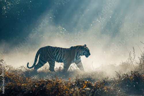 A tiger in the misty morning light