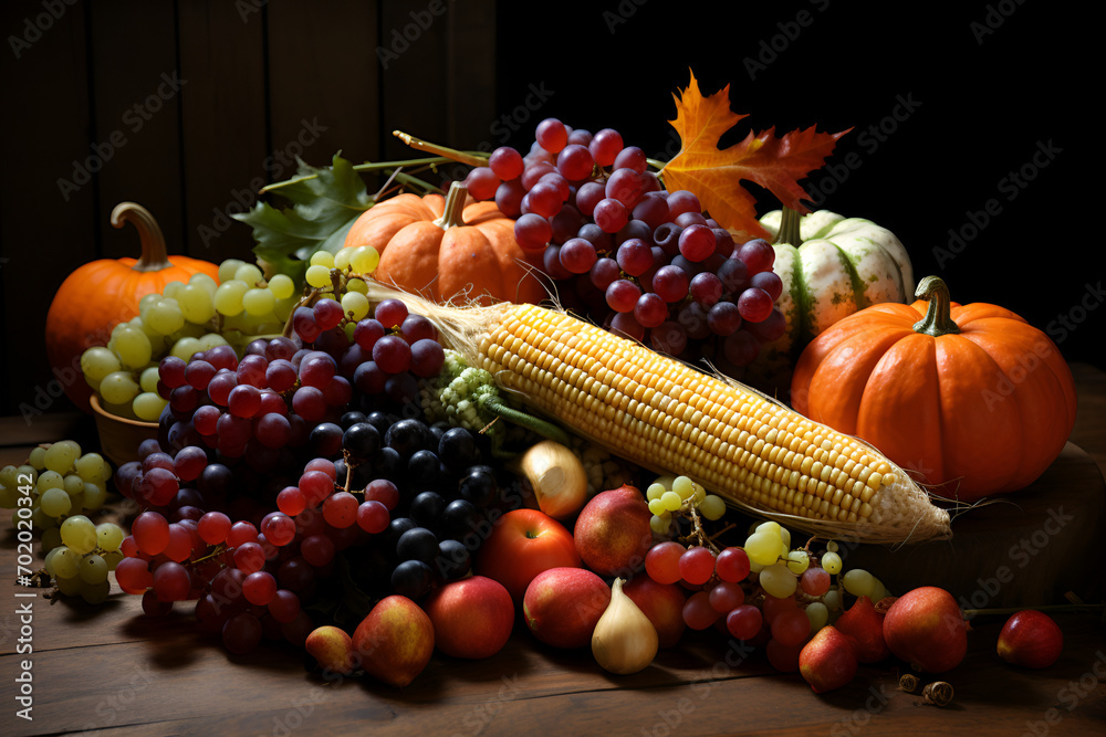 A collection of fruits and vegetables including corn, Halloween Harvest cornucopia overflowing with fruits and vegetable.AI Generative