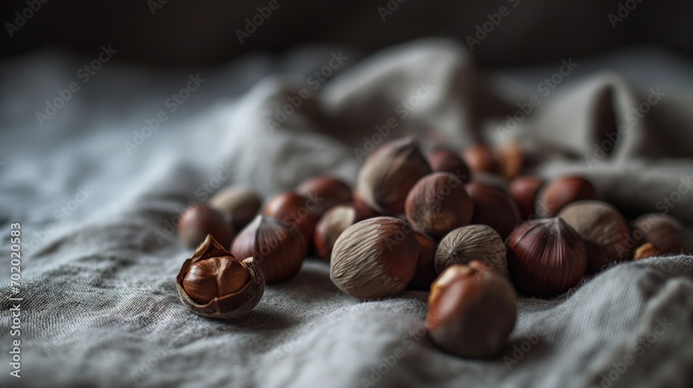 Hazelnuts on fabric rustic style background.