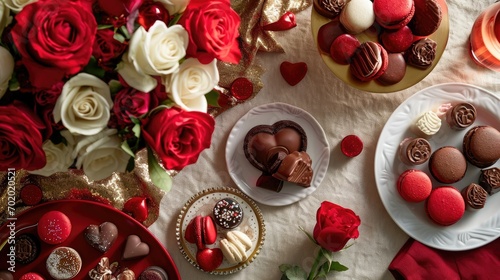 an intimate Valentine s dessert table  with a red and gold color scheme  chocolates  macarons  and a small bouquet of roses 