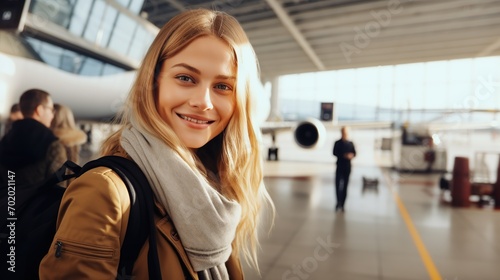 Beautiful happy woman taking a selfie at the airport in front of the plane. People departure boarding holidays concept. Image of traveling in vacation.