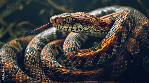 A beautiful snake coiled up, exuding a calm yet menacing demeanor. The illustration captures its elegant but dangerous nature. Generative AI.