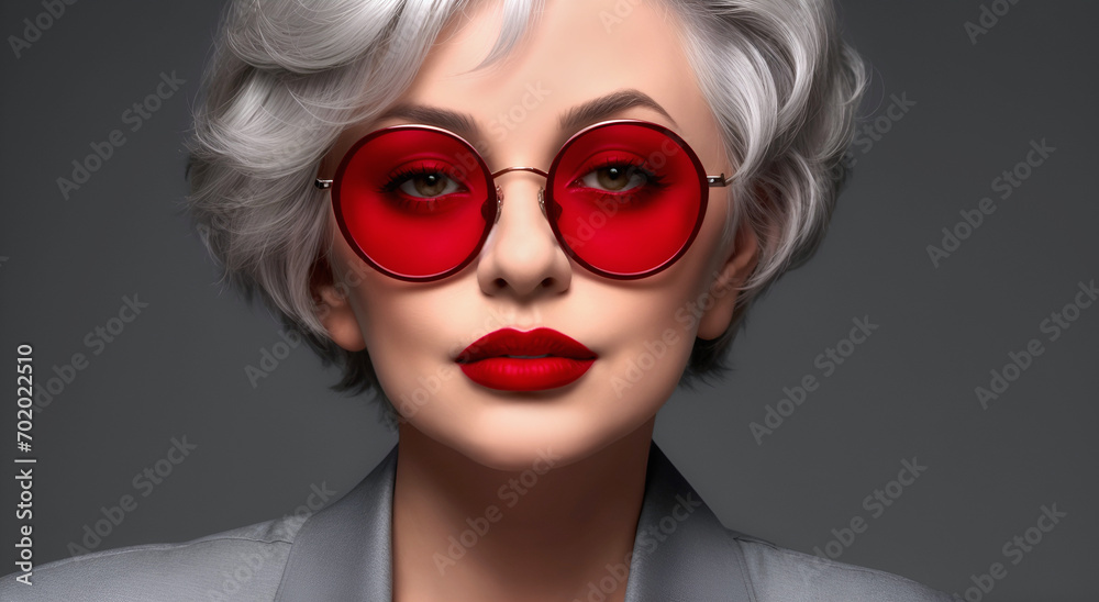 Portrait of a mature woman with grey hair wearing red lens glasses