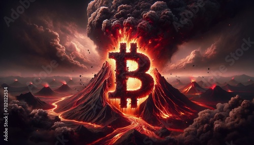 Volcanic Eruption of Bitcoin Symbol: A Metaphor for Market Volatility in Cryptocurrency. photo