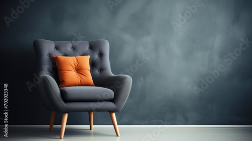 Ideas and references for modern armchair design. Bright studio space. Presentation and advertising of stylish furniture. Beautiful minimalistic background. Gray and orange. photo