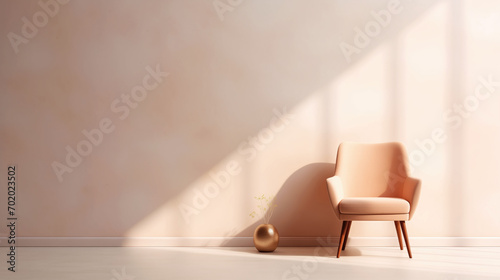 Ideas and reference for modern armchair design. Bright space. Presentation and advertising of stylish furniture. Incident light from the window. Beautiful minimalistic selling background. Beige color.