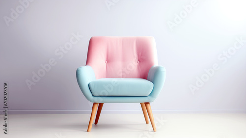 Ideas and reference for modern armchair design. Backlight, bright space. Presentation and advertising of stylish furniture. Different colors. Beautiful minimalistic selling background. Blue and pink.