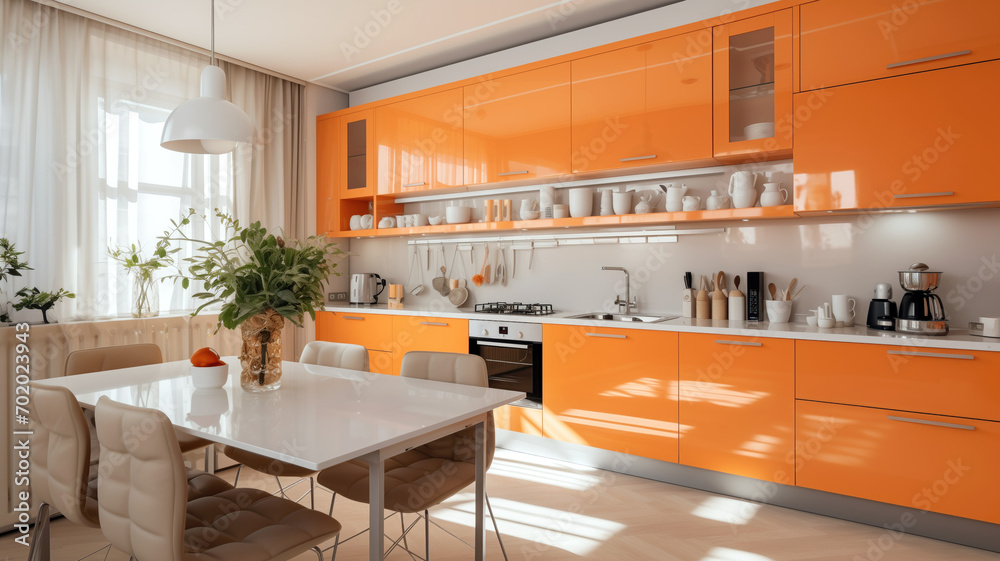 Ideas and reference for modern kitchen interior design. Bright space. Presentation and advertising of a stylish kitchen. Beautiful location. Orange color, kitchen and household appliances.