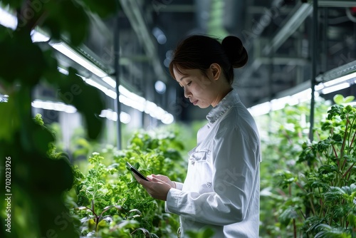 A portrait of a female agricultural engineer deep in thought  her tablet reflecting the latest data as she stands amidst a thriving ecosystem of vertical farming.