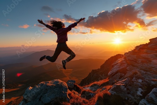 A radiant woman leaps at the break of dawn on a mountaintop, her open arms welcoming the warmth of the sun and the promise of a new day filled with success and happiness.