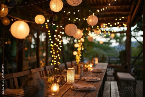 A romantic setup with delicate paper lanterns hanging above a wooden dining table, their diffused light setting the mood for a magical evening. photo