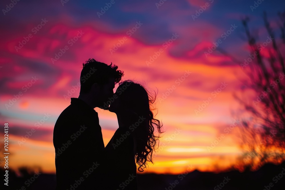 A silhouette of a couple lost in a loving kiss, the backdrop of a colorful sunset enveloping them in a world of beauty and romance, creating an unforgettable Valentine's Day moment