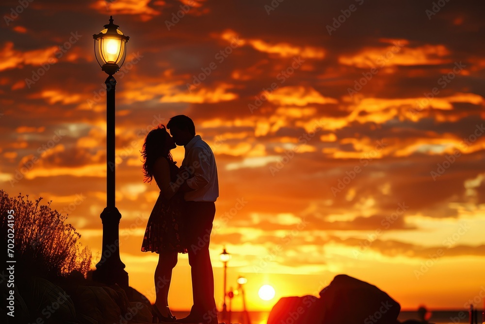 A striking silhouette of a couple locked in a romantic kiss, set ...