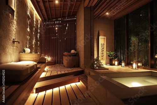 A serene spa environment with ambient lights subtly placed around wooden accents, their calming radiance enhancing the tranquil and healing atmosphere.
