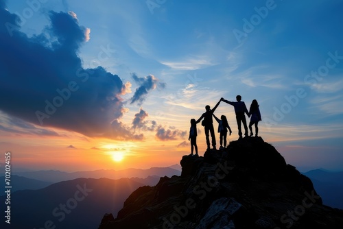 A silhouette of a family standing hand-in-hand on a mountain peak  their teamwork and unity symbolizing their collective victory and the power of family support.