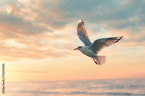 A solitary bird in flight, its wings curving into a heart shape, set against a dreamy pastel sky, capturing the essence of love and solitude on Valentine's Day. © Lucija