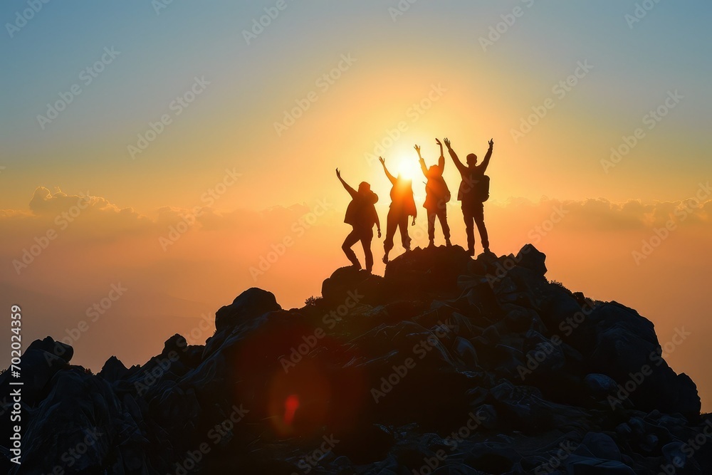 The silhouette of a family facing the rising sun on a mountain, their posture and unity a testament to their success and the enduring power of teamwork and familial support. - obrazy, fototapety, plakaty 
