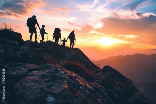 The silhouette of a family on a mountain hike, supporting and encouraging each other at every step, embodying the essence of teamwork and shared pursuit of a common goal. photo