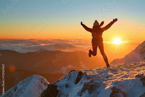 A victorious female climber leaps joyfully at the summit, greeting the sunrise with open arms, her achievement a testament to her determination and strength.