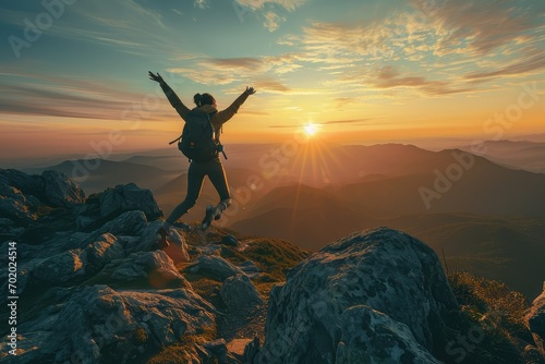 An adventurous woman, arms flung wide, jumps with exhilaration at the summit, welcoming the sunrise as a symbol of her achievements and the promise of new adventures. photo
