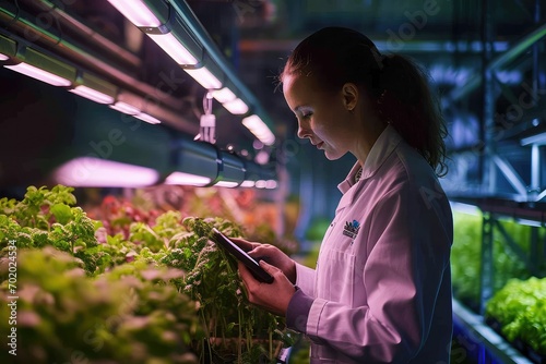 An agricultural engineer with a passion for plant health, moving through her vertical farm with a sense of purpose, her tablet a window to a world of data-driven cultivation. photo