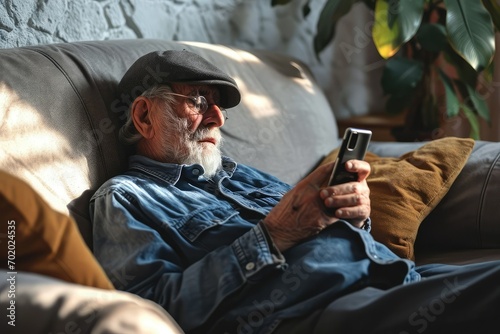 An aged man on the sofa, his smartphone a source of confusion and worry, symbolizing the broader challenges and fears faced by seniors in the age of digital revolution.