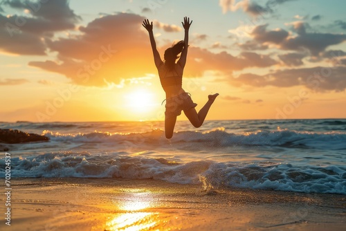 An adventurous woman celebrates her latest victory with a carefree jump on the beach, the sunrise behind her signaling a future of endless opportunities and achievements. photo