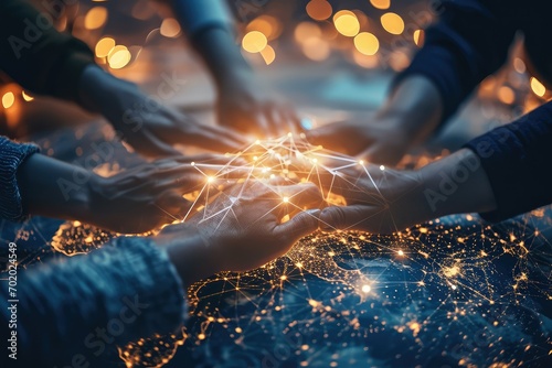 An artistic depiction of a team's hands coming together over a digital earth, the blockchain web beneath them a symbol of the robust and empathetic connections that drive global success.
