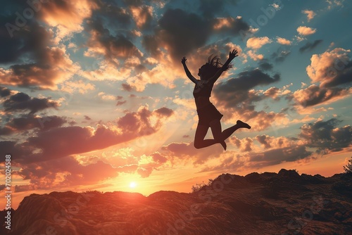 An ecstatic woman celebrates her ascent, jumping against a backdrop of a stunning sunrise, her silhouette a powerful symbol of overcoming obstacles and embracing life's beauty.