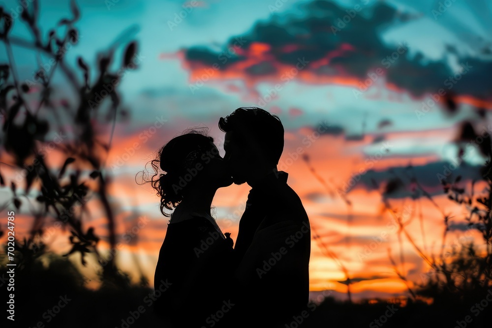 An intimate silhouette of two souls sharing a kiss, the sky ablaze with the warm glow of a colorful sunset, symbolizing the end of one day and the promise of more love to come
