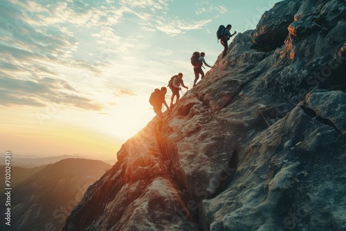 An image of a family climbing a steep mountain, each member supporting the other, symbolizing the strength of family bonds and the power of teamwork in achieving lofty goals.