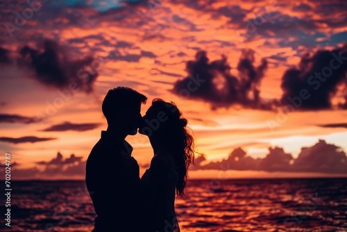 An inspiring silhouette of a couple sharing a kiss, the vibrant hues of the sunset behind them offering a moment of reflection and inspiration, a symbol of love\'s power.