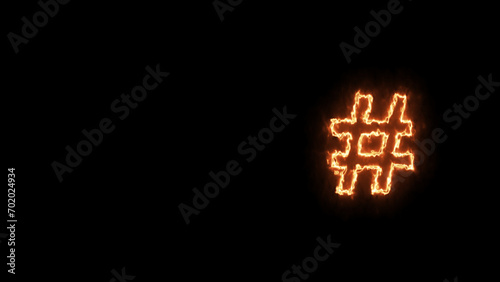 fire effect hashtag sign. # icon. glowing Hashtag sign - colorful glowing outline symbol. fire hashtag panoramic. Social media communication concept. photo