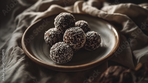 Chocolate bliss balls in ceramic plate on fabric rustic style background. photo