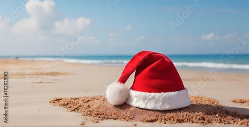 Santa's hat sea beach Christmas balls Generative Ai