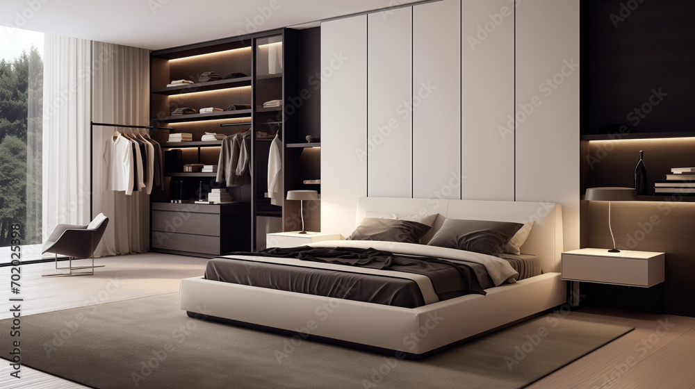 Fototapeta premium Ideas and reference for modern bedroom interior design. Home resting place, bed. Apartment and house. Lighting, bright space. A combination of light and dark. Wardrobe and clothes.