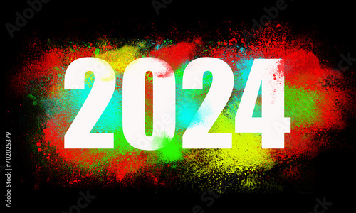 2024 Colorful powder explosion happy holi festival and new year 2024.