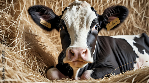 portrait of holstein calf in straw, realistic photo.